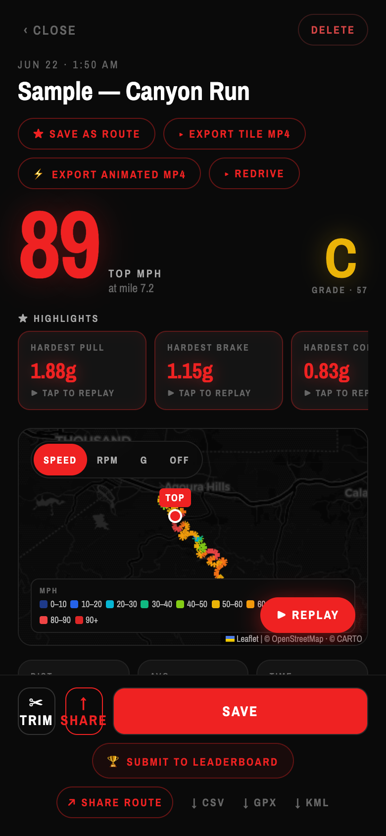 Carver post-drive recap: route map, top speed, carve score, hardest pull/brake/corner